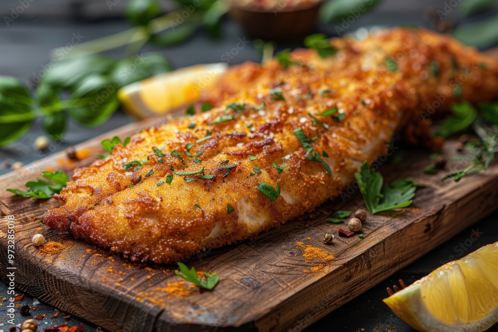 Crispy Fried Fish Fillets with Fresh Herbs, Tomatoes, and Lemon - Delicious Seafood Dish, Healthy Meal, and Food Photography Crispy Fried Fish Fillets with Fresh Herbs, Tomatoes, and Lemon - Delicious Seafood Dish, Healthy Meal, and Food Photography