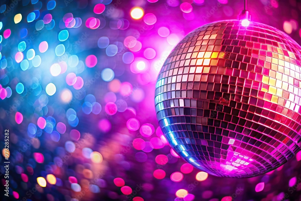 Close-up vibrant disco background with pink neon disco ball Close-up vibrant disco background with pink neon disco ball