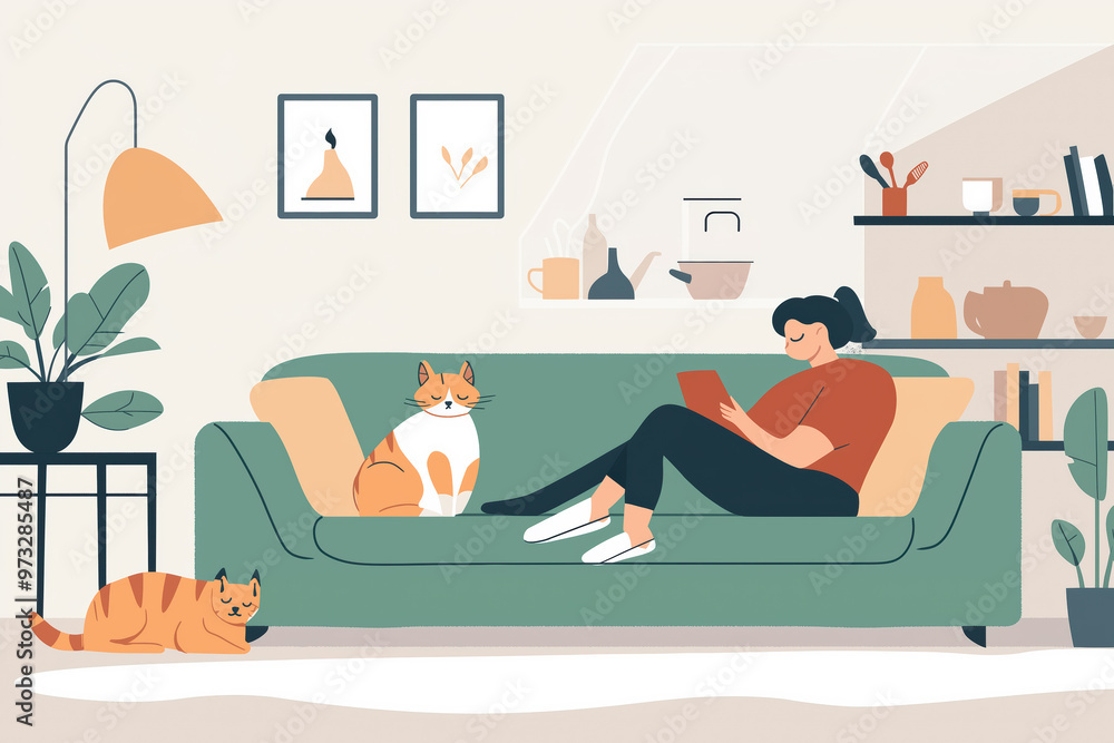 Fototapeta premium A woman is sitting on a couch with two cats on her lap