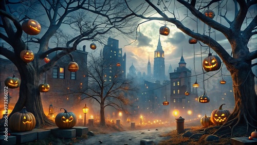 A dimly lit, eerie cityscape at dusk, adorned with spider webs, jack-o'-lanterns, and twisted tree branches, evoking a foreboding atmosphere on All Hallows' Eve. photo