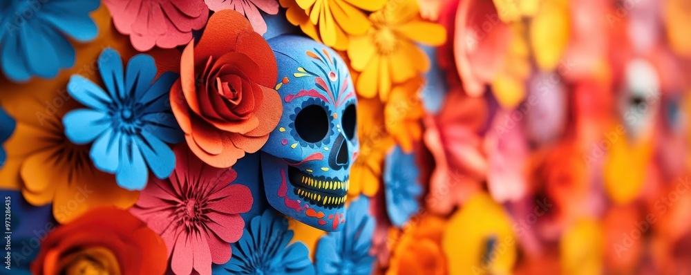 Fototapeta premium Colorful skull surrounded by vibrant flowers, celebrating life and beauty in a festive display of art and culture.
