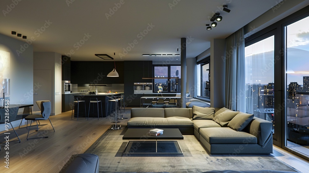 Modern Apartment Living Room with City View at Sunset Modern Apartment Living Room with City View at Sunset