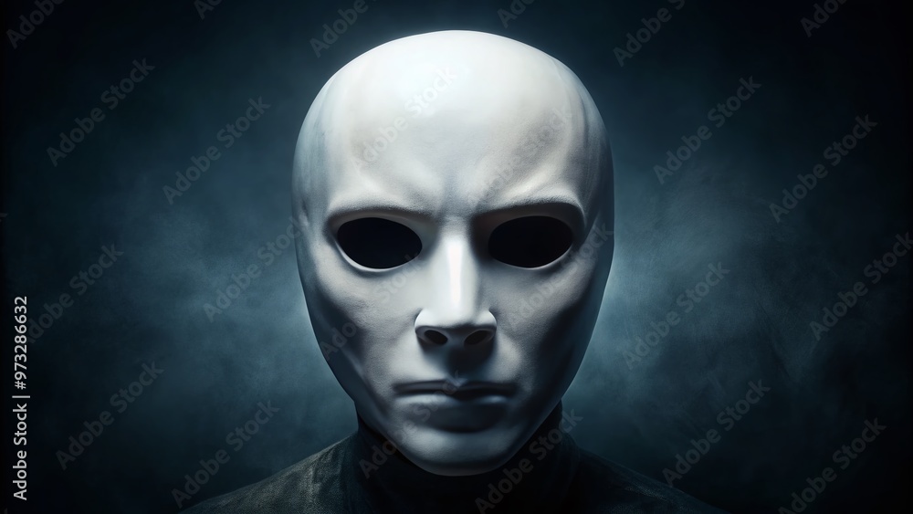 A eerie, worn, white mask with expressionless eyes and a blank face, iconic symbol of horror, against a dark, gradient background, evoking fear and suspense. A eerie, worn, white mask with expressionless eyes and a blank face, iconic symbol of horror, against a dark, gradient background, evoking fear and suspense.