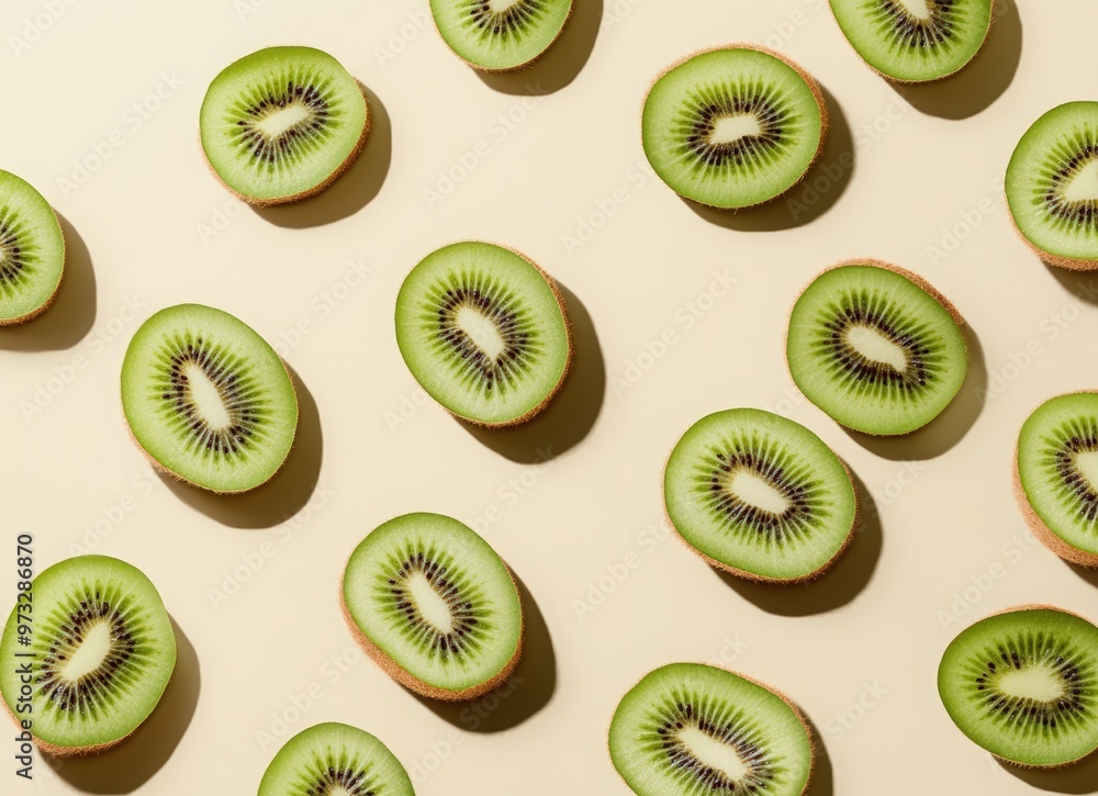 Fototapeta premium Falling kiwi fruit slices on a beige background with copy space. Background for product presentation design. concept of fresh and healthy food.