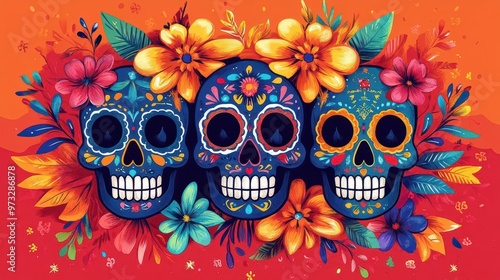 Vibrant and colorful design featuring three decorated skulls surrounded by vivid flowers, perfect for festive celebrations.