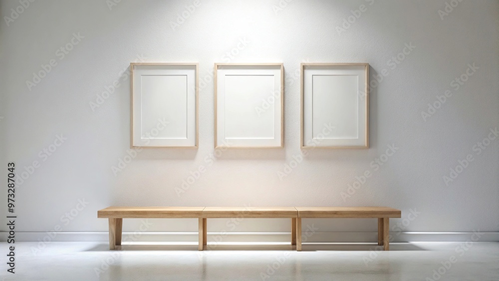Close-Up white frames, white wall, ambient lighting, minimalist bench Close-Up white frames, white wall, ambient lighting, minimalist bench