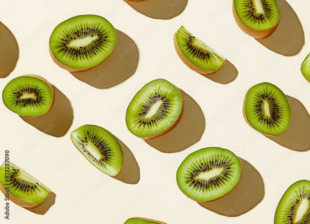 Fototapeta premium Falling kiwi fruit slices on a beige background with copy space. Background for product presentation design. concept of fresh and healthy food.