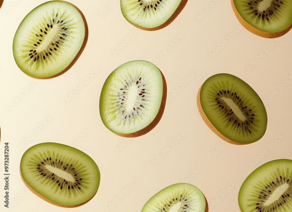 Fototapeta premium Falling kiwi fruit slices on a beige background with copy space. Background for product presentation design. concept of fresh and healthy food.