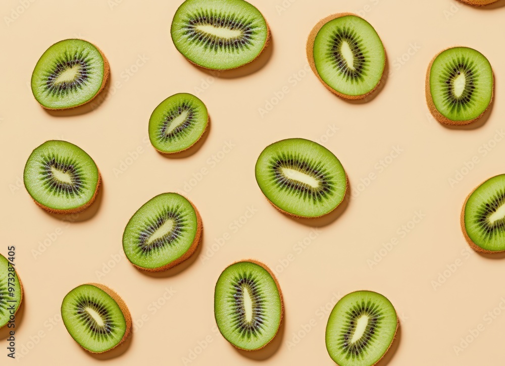 Fototapeta premium Falling kiwi fruit slices on a beige background with copy space. Background for product presentation design. concept of fresh and healthy food.