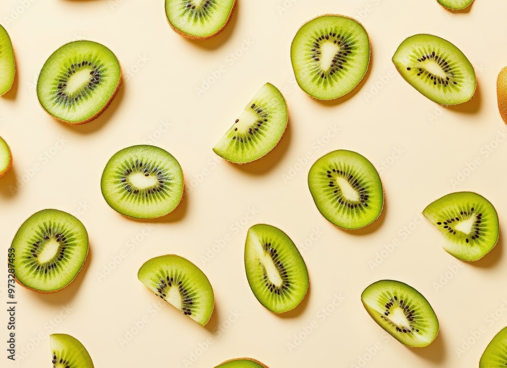 Fototapeta premium Falling kiwi fruit slices on a beige background with copy space. Background for product presentation design. concept of fresh and healthy food.