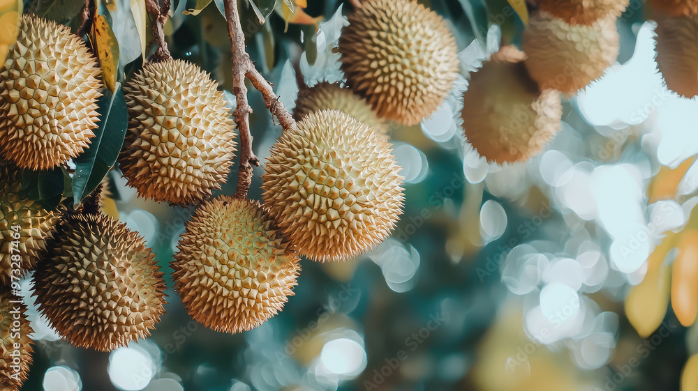 A close up of durian tree showcasing multiple fruits, vibrant and lush A close up of durian tree showcasing multiple fruits, vibrant and lush