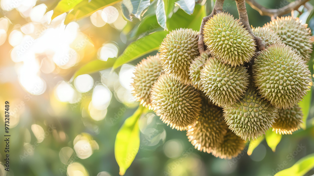 Obraz premium A close up of durian tree with multiple fruits hanging beautifully