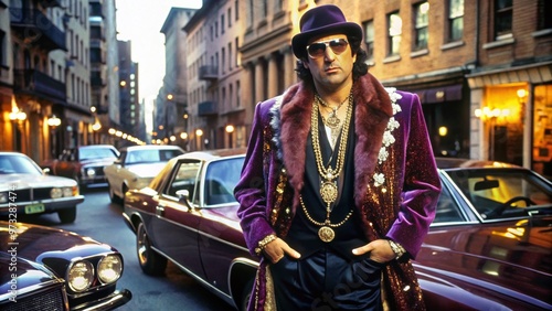 A flamboyant, velvet-clad figure, surrounded by extravagant jewelry and flashy cars, embodies the extravagance and excess of a notorious crime boss in 1990s New York. photo