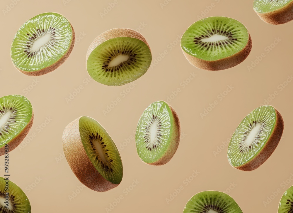 Fototapeta premium Falling kiwi fruit slices on a beige background with copy space. Background for product presentation design. concept of fresh and healthy food.