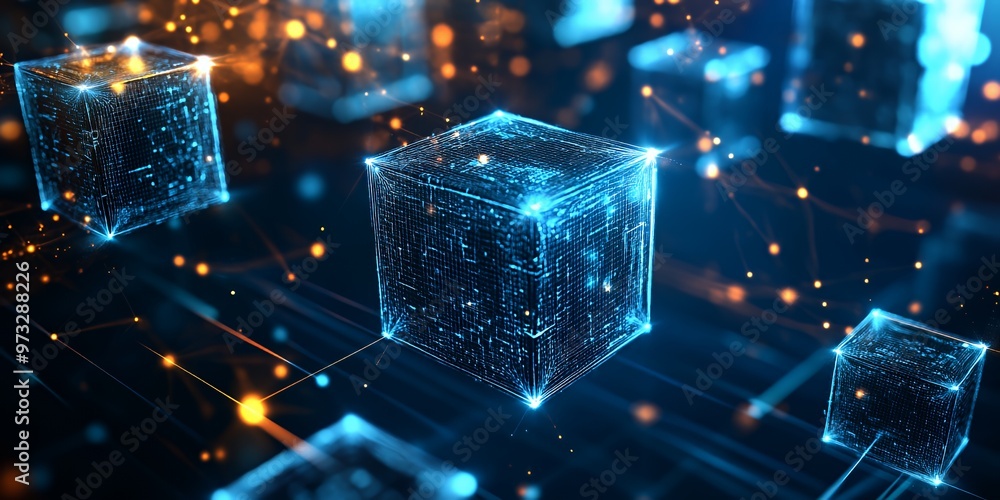 Abstract 3D Blue Cubes with Orange Lines on a Dark Background.
