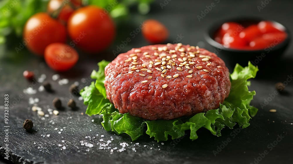 A single raw beef burger patty with minimal vegetables, a single lettuce leaf and cherry tomatoes A single raw beef burger patty with minimal vegetables, a single lettuce leaf and cherry tomatoes