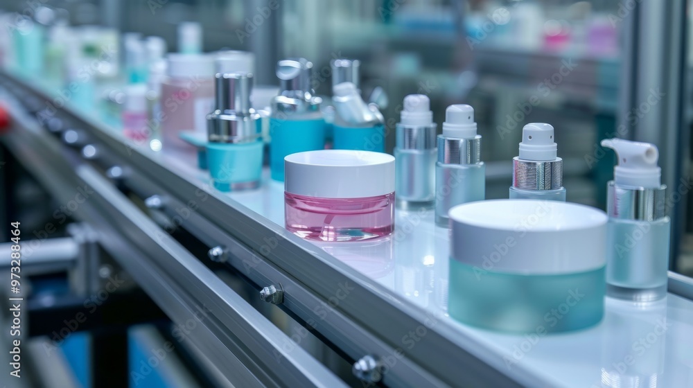 Production line of cosmetics on a conveyor belt in a factory Close-up photo with clean background Production line of cosmetics on a conveyor belt in a factory Close-up photo with clean background
