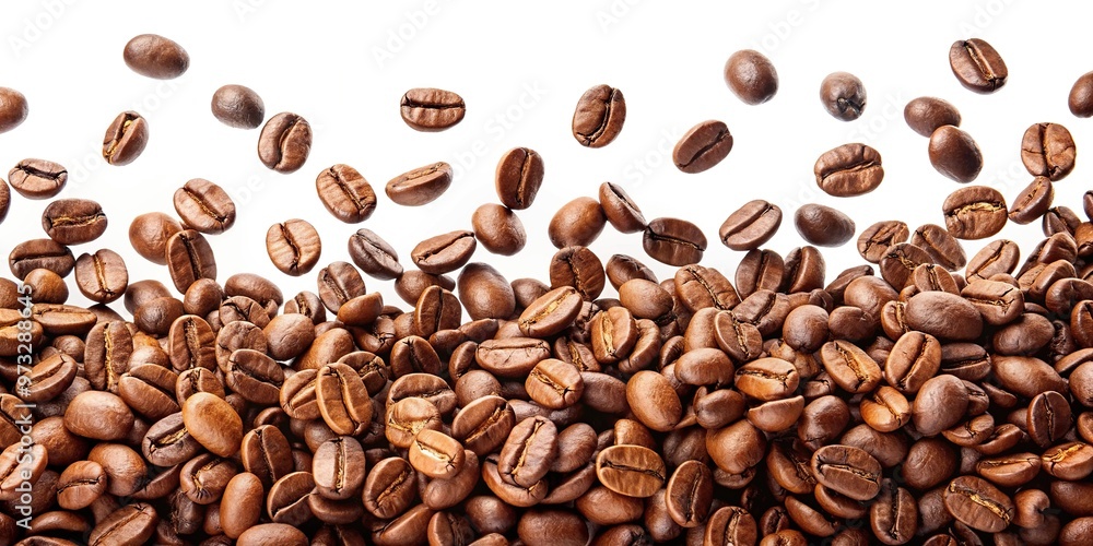 Obraz premium Coffee beans falling in a fisheye perspective on white background