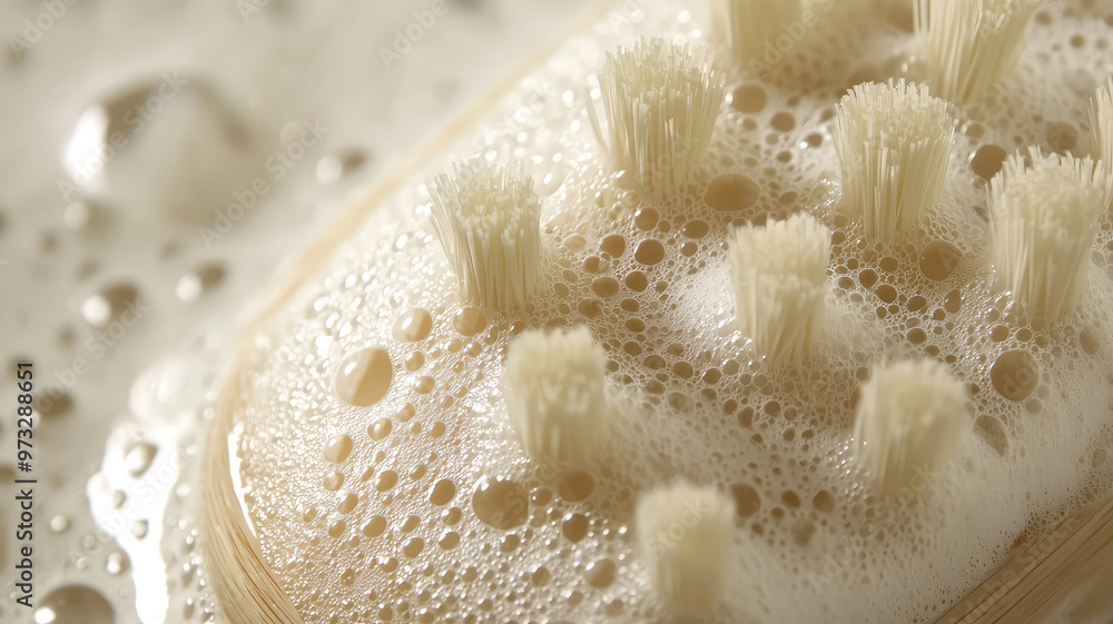 A close up of soap foam on soft bristle brush, creating soothing atmosphere A close up of soap foam on soft bristle brush, creating soothing atmosphere