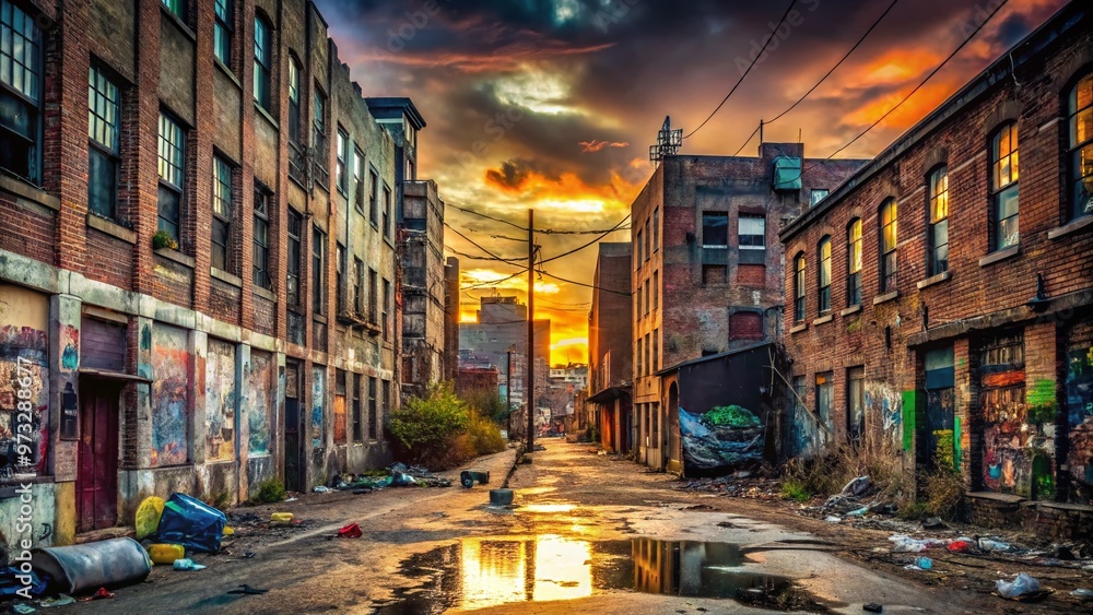 Fototapeta premium A gritty urban landscape at dusk, with graffiti-tagged walls, rundown buildings, and litter-strewn streets, capturing the essence of gritty urban decay and neglect.