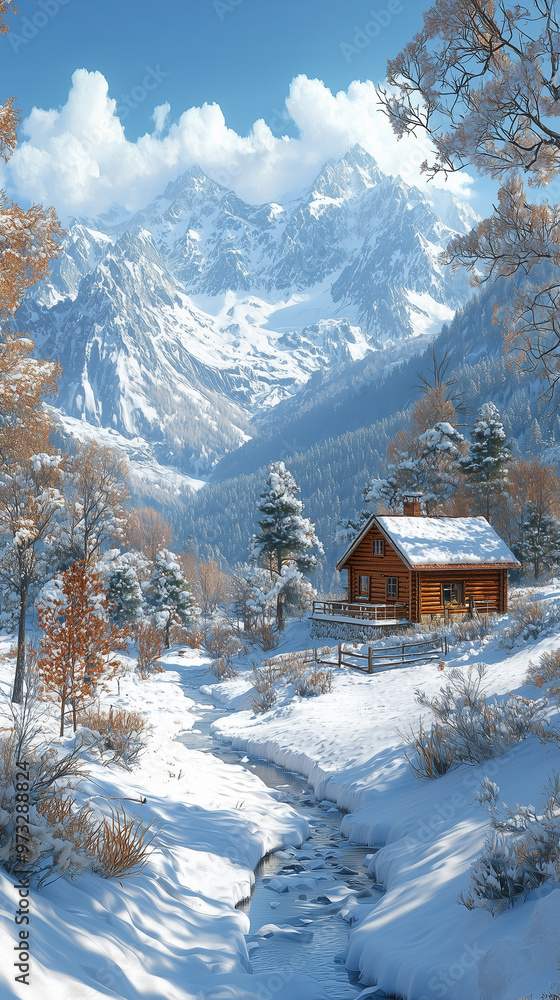 Fototapeta premium Hunter's wooden house. Snowy high mountain.