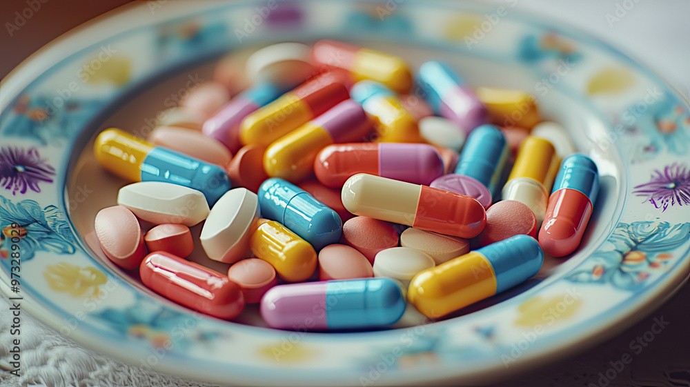 Brightly colored pills in shallow dish create vibrant display of medication Brightly colored pills in shallow dish create vibrant display of medication