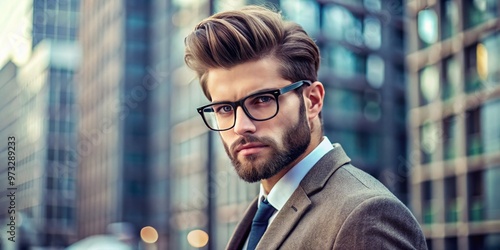 A handsome groomed man with a trendy pompadour hairstyle, neatly trimmed beard, and stylish glasses poses confidently photo