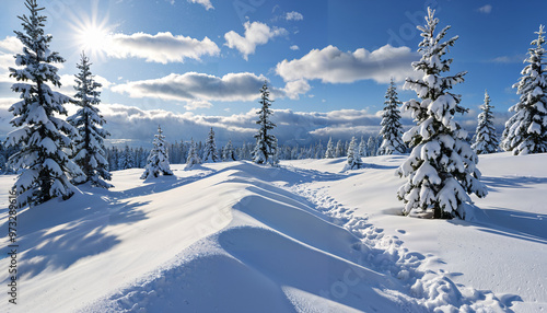 Magnifique paysage d'hiver enneigé sous le soleil