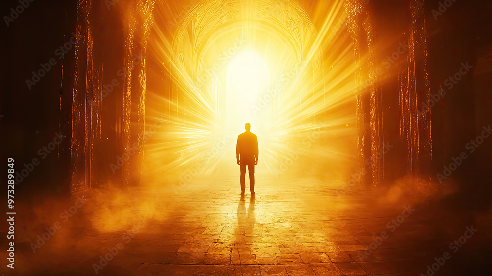 A divine figure standing at gates of heaven, radiating light and hope A divine figure standing at gates of heaven, radiating light and hope