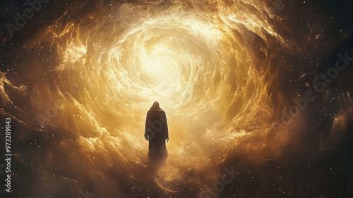 A divine figure of God standing among swirling galaxy, radiating light and mystery