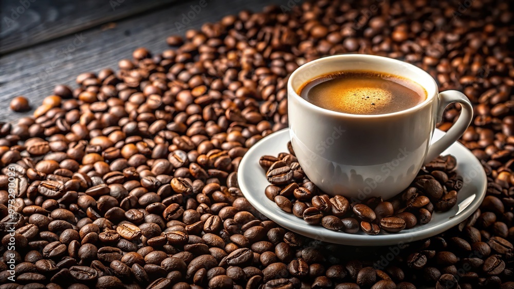 Coffee cup and coffee beans on table Coffee cup and coffee beans on table