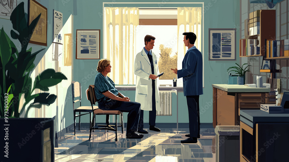 A doctor and patient discussing medical options in bright office A doctor and patient discussing medical options in bright office