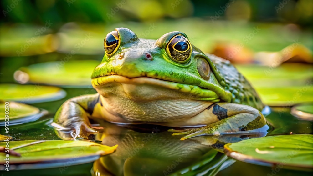 A large, green amphibian with rounded eyes, prominent tympanic membranes, and stout body, sitting on a lily pad in a serene aquatic environment. A large, green amphibian with rounded eyes, prominent tympanic membranes, and stout body, sitting on a lily pad in a serene aquatic environment.