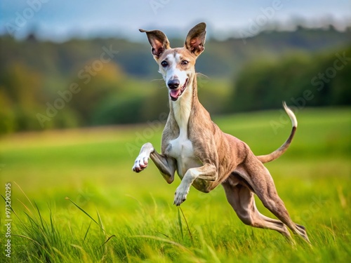 A lean, agile lurcher dog with a short coat and pointed ears runs freely in a lush, open photo