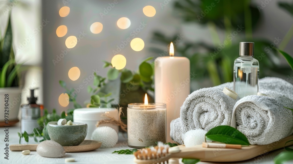 Relaxing spa ambiance with eco-friendly cosmetics and candles Close-up photo with clean background Relaxing spa ambiance with eco-friendly cosmetics and candles Close-up photo with clean background