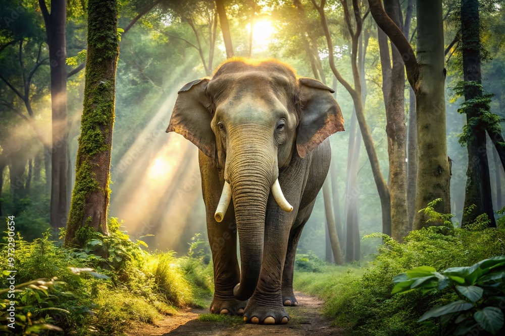Fototapeta premium A majestic Asian elephant, species elephas indicus, stands in a lush forest, its wrinkled gray skin and tusks