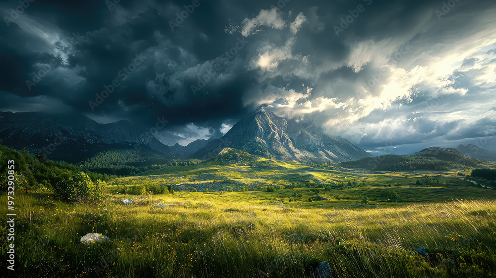 Obraz premium Dramatic mountain landscape with storm clouds gathering over lush greenery
