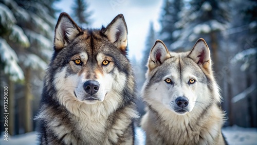 A majestic wolf dog, with piercing yellow eyes, stands tall beside a Siberian Husky, showcasing their differences in size, coat, and primal intensity.