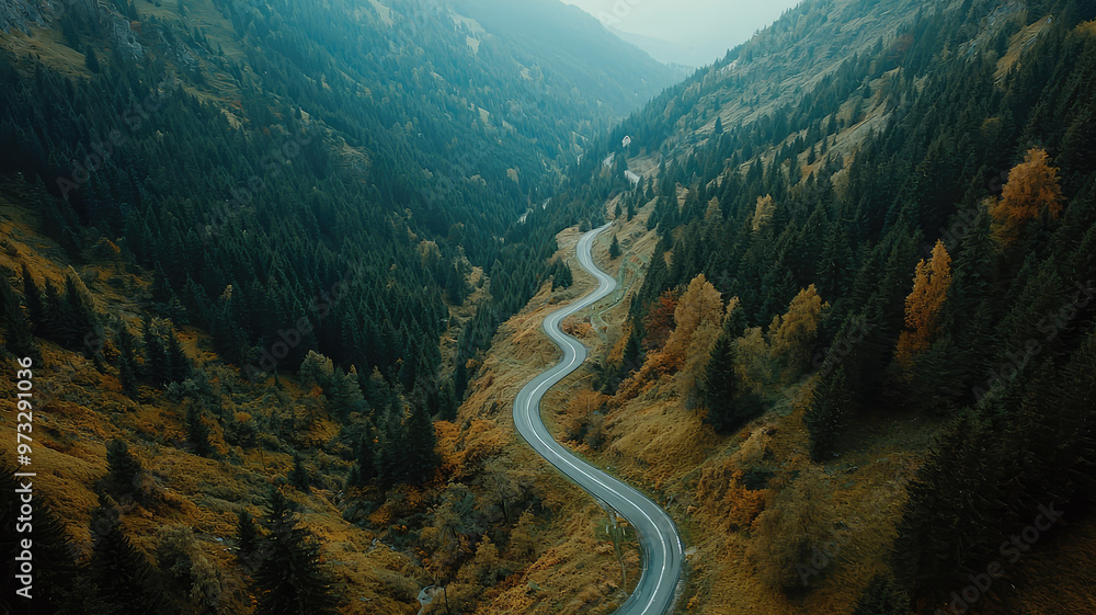 Winding mountain road through lush green forest and autumn foliage Winding mountain road through lush green forest and autumn foliage