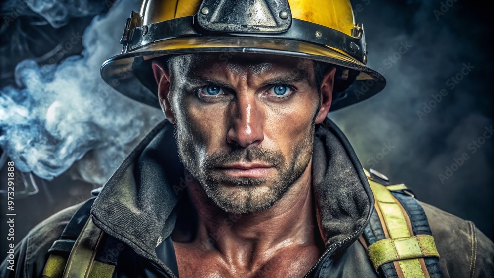Fototapeta premium A muscular, smoldering handsome fireman in full gear, sweat-drenched and soot-stained, gazes intensely with piercing blue eyes, exuding rugged charm and raw masculine appeal.