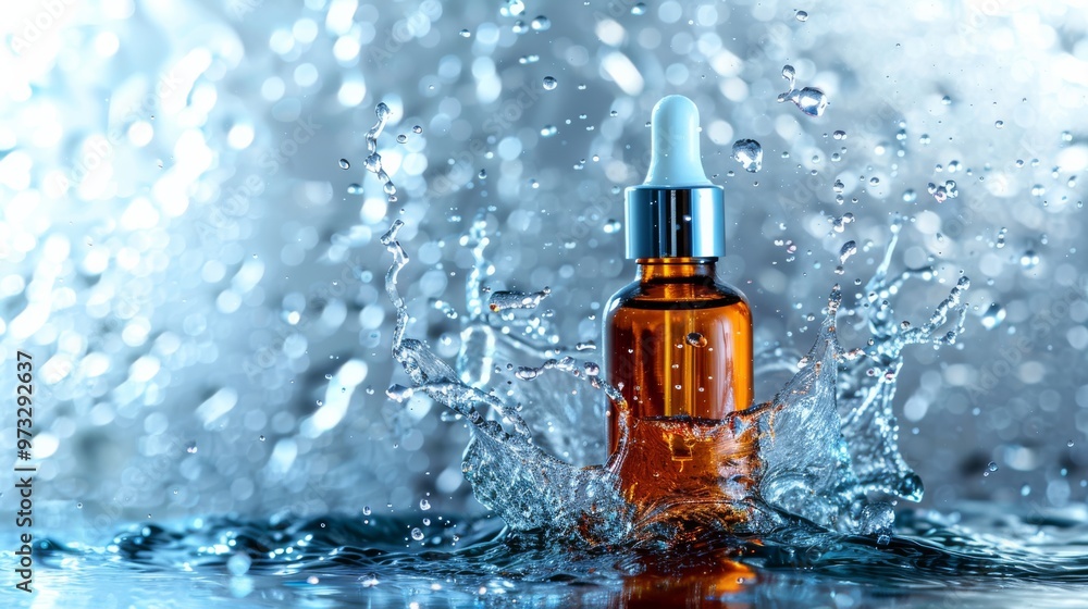 Serum bottle amidst water splash on light background, Close-up photo with clean background Serum bottle amidst water splash on light background, Close-up photo with clean background