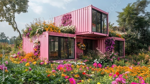 Charming Two-Story Pink Container House Surrounded by a Colorful Flower Garden in a Tranquil Forest Setting