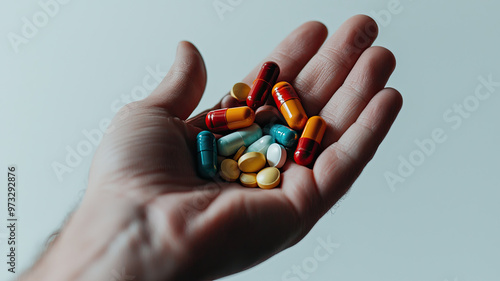 A hand holding variety of colorful pills and capsules, showcasing medication