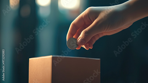 A hand placing coin into charity donation box, promoting kindness and generosity photo