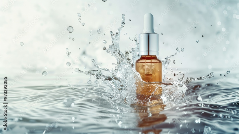 Serum bottle amidst water splash on light background, Close-up photo with clean background Serum bottle amidst water splash on light background, Close-up photo with clean background