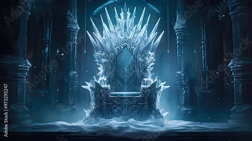 A cold empire throne made of ice and frosty icycles. Postproducted generative AI illustration.	
 photo