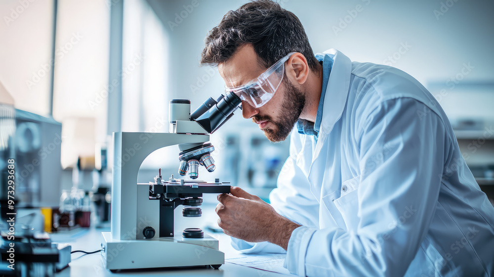 Laboratory technician examining samples under microscope with focus Laboratory technician examining samples under microscope with focus