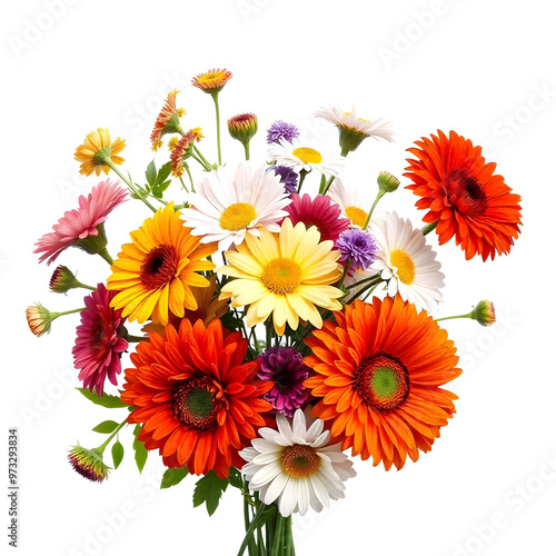 bouquet of seasonal autumn flowers like chrysanthemums and asters isolated on a white background