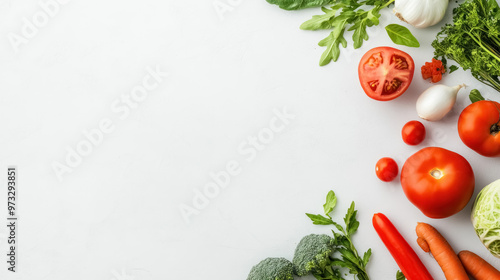 top view of fresh variety of vegetables on a clean white background, with copy space for text