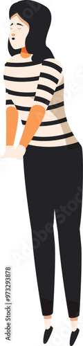 Female mime artist wearing striped shirt and white gloves, is performing a pantomime